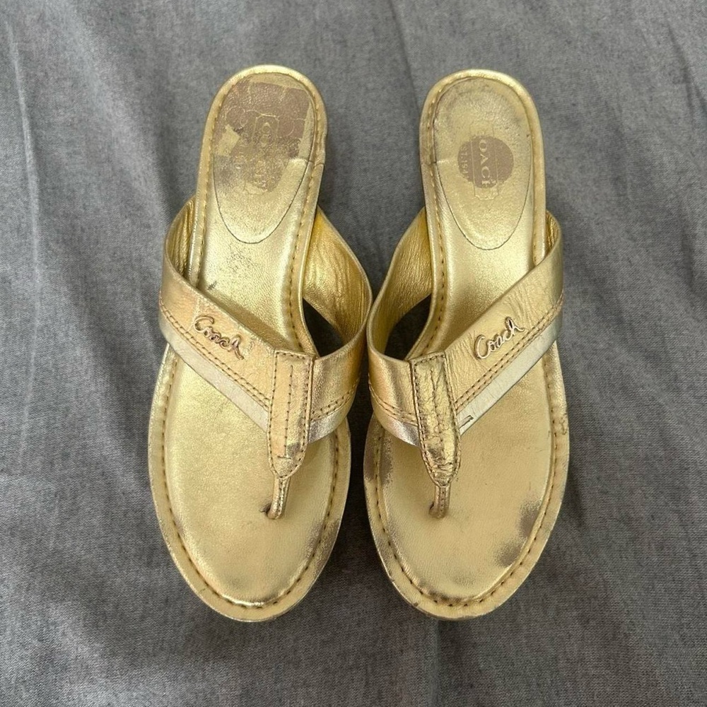 Coach Women's Gold and Tan Wedge Sandals - Picture 4 of 8